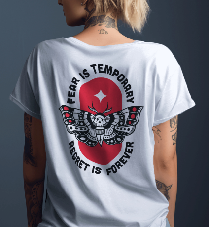 Female wearing UNIT//001 FEARLESS premium white t-shirt